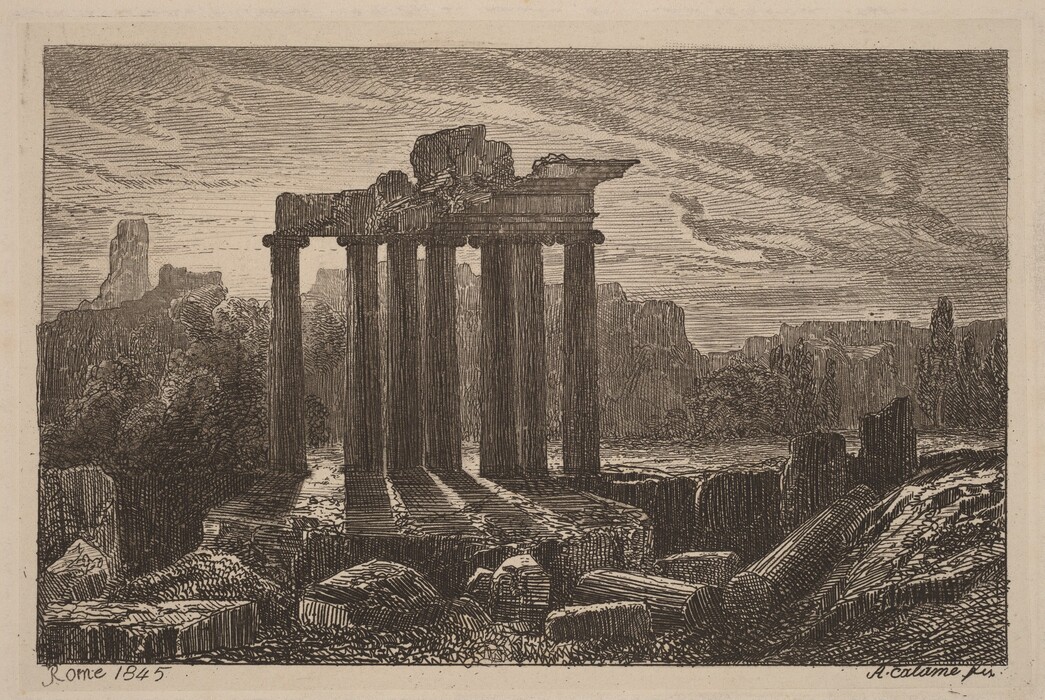 The image displays a landscape with a partially ruined ancient temple at the center. The horizon is low, emphasizing the silhouette of the temple against the sky. The brushstrokes are detailed, resembling an engraver's technique. The color palette is monochrome, relying on light and shadow for depth. In the foreground, there are stone debris and broken columns. Beyond the temple are rocky formations and vegetation against the textured sky.