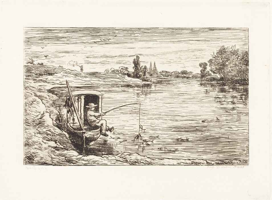 There is an image depicting a riverbank, with a small boat moored in the water. A figure is seen fishing from the boat towards the left of the image. The background shows trees, shrubbery, and pointed spires in the distance. The artwork features fine line work with etching techniques, creating a monochromatic color palette of black lines against a cream background.