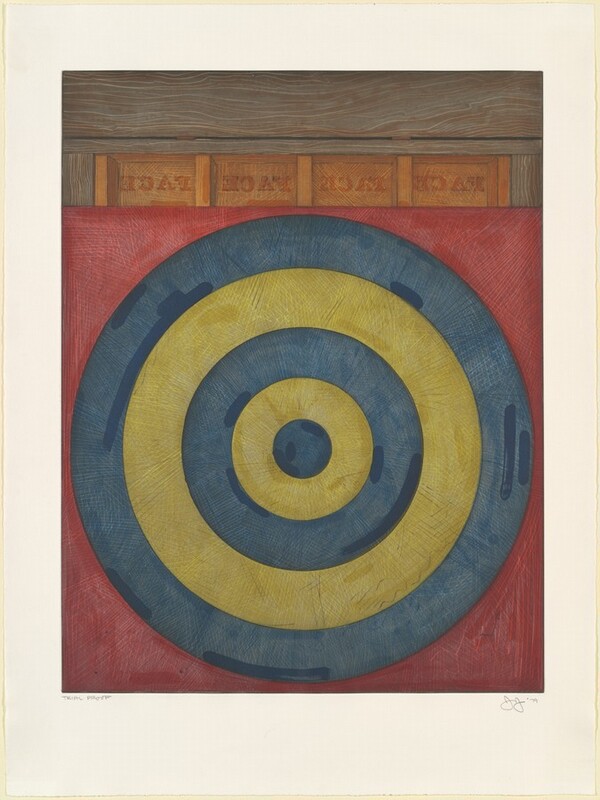 Concentric grayish-blue and muted yellow rings forming a target alternate against a brick-red background in this vertical etching. The innermost circle is blue and is followed by two yellow and two more blue rings. The rings and background are covered with hatch marks, and darker strips of the colors are drawn near the edges of the rings. A row of four burnt-orange blocks, each with the word "FACE" printed backward and in darker orange, lines the target along the top edge. The trim around the blocks and across the top quarter of the etching is painted ash brown and then lined with a lighter tan to suggest wood grain. A slat across the top of the composition is separated from the words below by a thin black line and two brown sections that suggest hinges. The printed image is surrounded by a wide white margin. Pencil inscriptions under the printed image reads “Trial Proof” to the left and "J J '79" to the right.