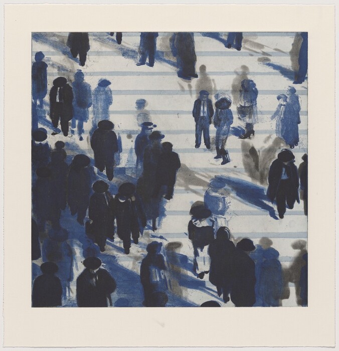The image displays horizontal stripes in shades of blue and gray, with dark silhouettes of people. The figures resemble pedestrians, with some wearing hats and coats. The overlapping shapes convey a sense of movement and urban activity.