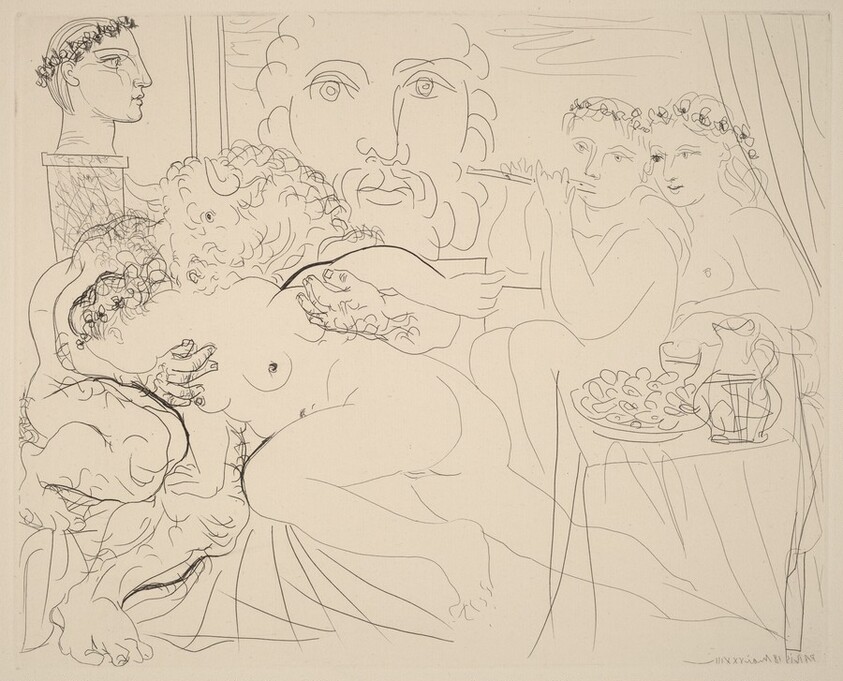 Self-Portrait in Three Forms: Crowned Painter, Bust Sculpture, and Amorous Minotaur (Autoportrait sous trois formes: peintre couronné, sculpteur en buste, et minotaure amoureux)