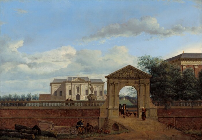 We look across a dirt road or path at a tall, brick wall flanking an ornamented, stone gateway with a white, marble manor house in the distance in this horizontal landscape painting. Atop a low hill, the sunlit manor is outlined against a vivid, light blue sky with silvery-gray, fluffy clouds, which fills the top two-thirds of the composition. Statues line the gray, tiled roofline along the central section of the house, and more statues stand in the grassy lawn to either side. Closer to us, the gateway and people around it are cast into shadow. The arched gate is flanked by flat columns and is topped with a triangular pediment filled with relief sculpture of people and ornamental scrolls. A ramp leads up to the opening of the gate. Two men passing under the arch have long, brown hair and wear brimmed hats, long coats, breeches tied at the knee, and stockings. The man in front carries a walking stick. A woman wearing a white head covering and long, dark dress, carries a baby tied to her back and holds her hand out toward the men. Near the men, three brown dogs walk as one raises a leg against the gate, and a fourth sniffs at the side of the ramp where it meets the ground. The red brick wall is topped with a balustrade. To our left of the gate and on the far side of the wall, two men lean on the balustrade, angled in toward each other as if in conversation, near a fountain with a sculpted woman on an ornamental urn. Below them, at the foot of the brick wall, a man sits on a cracked piece of marble sculpted with ornamental designs in low relief. The man wears a royal-blue suit with golden yellow stockings and a tan, brimmed hat. He leans forward to touch the collar of a long-legged, slender dog while four other dogs stand, sit, and lie down nearby. To our right, the roofline of a large, red brick building is seen over the tops of a grove of trees on the far side of the wall. The painting style throughout is detailed and precise, so one could conceivably count the individual bricks in the wall, for instance.