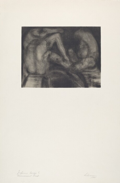In this image, blurred and contorted shapes blend into each other, forming an abstract composition with intertwining lines and shaded areas. The abstract nature of the image resembles human figures, as if multiple bodies are interconnected in an intricate pose. The dark, shadowy forms create a sense of depth and complexity, akin to an entangled mass of limbs and torsos, without clear distinction or separation.