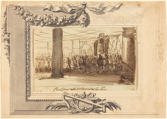 This is a drawing of a ceremonial procession inside a grand hall. The image shows a crowded scene in a large room, with a tall central pillar and a prominent framed artwork hanging on the far wall, around which the spectators are gathered. The ink and brushwork are used to convey the gathering of figures and the architectural elements with great detail. Ornamental decorations and a floral garland frame the central image. The overall composition creates a balanced representation of an elaborate gathering or procession inside a stately room.