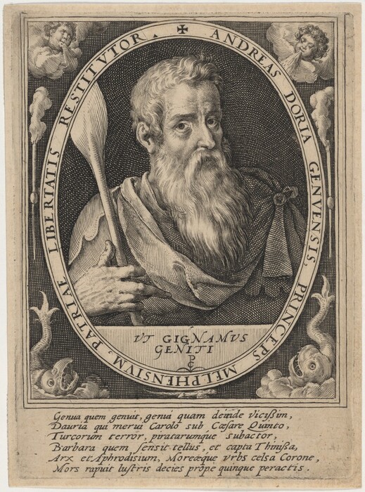 The image is an engraving of a man's upper torso. He is turned slightly to the left, holding a long paddle-like object in his right hand. The man has a long, full beard and mustache, wavy hair, and a furrowed brow. He is dressed in a draped garment, possibly a toga, fastened with a brooch. The oval-framed image includes two cherubic figures above the man and illustrations of sea creatures at the bottom corners. The background is densely hatched, with a Latin inscription circling the oval border and a passage of text at the bottom.