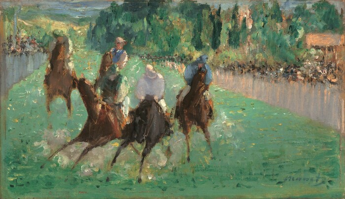 We find ourselves on an emerald-green, grassy racetrack as a dusty cluster of horses and their jockeys bear directly down on us in this loosely painted horizontal landscape. Closest to us, three horses run with their legs widely splayed and a fourth brings up the close rear to our left. Only closer inspection reveals a fifth horse nearby, seen over the shoulder of the jockey to our left of center. All the horses are chestnut brown except the second from our right, which is black. The faces of the jockeys are indistinct but they seem to have light skin. The jockey on the left-most horse wears celery and lemon-lime green. The jockey on the nearly hidden horse wears a sky-blue vest with shell-pink sleeves and a pink hat. The jockey to our left in the closest pair, on the black horse, wears silvery-white and his neighbor wears steel blue. Slate-gray fences line the racetrack to either side and beyond both, speckles, flicks, and dots of brown, black, and cream suggest spectators. Pine-green and olive-colored trees touched with specks of yellow and peach fill the background to the right of the track. The trees reach beyond the top edge of the panel, and the sliver of sky above is marine blue. The artist signed the work with blue paint in the lower right corner: “Manet.”