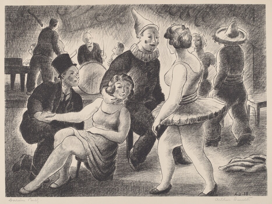 This is a drawing of a party scene with various characters in costume. The image shows a theatrical setting where performers are gathered, with some dressed as clowns or in elaborate costumes. The central focus is on a group of individuals interacting closely, with expressive faces and body language suggesting conversation or conviviality. In the background, additional figures contribute to a sense of depth and a bustling environment. The composition is executed in a monochrome style, utilizing light and shadow to emphasize details and textures.