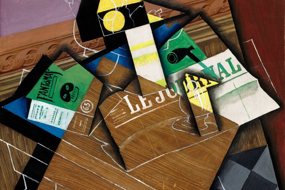 We look down onto a pile with a newspaper, theater program, pipe, a black and white checkerboard, and other objects painted as abstracted, geometric forms on a tabletop in this nearly square still life painting. Near the center, a rectangular form like a newspaper is painted with the headline “LE JOURNAL.” Next to it, to our left, a playbill has the name “FANTOMAS” written in black against a parakeet-green background, above black mask and a “65” in a circle below. There are blocks of stylized, painted wood grain and other areas of color that do not line up with the objects represented. For instance, this conflicting pattern means that the lettering of the newspaper changes from white against the brown woodgrain to green against white. Moreover, seemingly unconnected to the objects, colors, and spaces below, yet more objects like a goblet and bowl of fruit are painted with white outlines that overlay the wood and objects below. A checkerboard pattern is layered under the woodgrain and papers, near the lower right corner, and another pattern like architectural molding carved with stylized leaves runs along the back, above the papers. The papers and a few other objects seem to cast shadows on the blocks of color behind them, so areas of lilac purple at the top left and burgundy red along the right edge read visually as a background behind everything. The artist signed the work in black on the lower left corner: “Juan Gris 8-1915.”