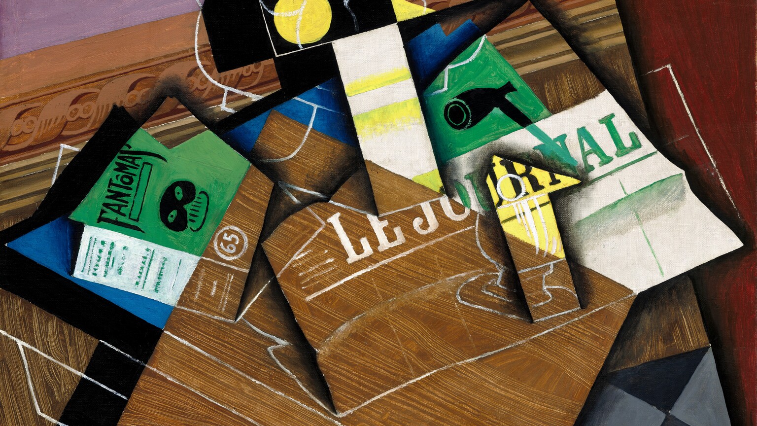We look down onto a pile with a newspaper, theater program, pipe, a black and white checkerboard, and other objects painted as abstracted, geometric forms on a tabletop in this nearly square still life painting. Near the center, a rectangular form like a newspaper is painted with the headline “LE JOURNAL.” Next to it, to our left, a playbill has the name “FANTOMAS” written in black against a parakeet-green background, above black mask and a “65” in a circle below. There are blocks of stylized, painted wood grain and other areas of color that do not line up with the objects represented. For instance, this conflicting pattern means that the lettering of the newspaper changes from white against the brown woodgrain to green against white. Moreover, seemingly unconnected to the objects, colors, and spaces below, yet more objects like a goblet and bowl of fruit are painted with white outlines that overlay the wood and objects below. A checkerboard pattern is layered under the woodgrain and papers, near the lower right corner, and another pattern like architectural molding carved with stylized leaves runs along the back, above the papers. The papers and a few other objects seem to cast shadows on the blocks of color behind them, so areas of lilac purple at the top left and burgundy red along the right edge read visually as a background behind everything. The artist signed the work in black on the lower left corner: “Juan Gris 8-1915.”