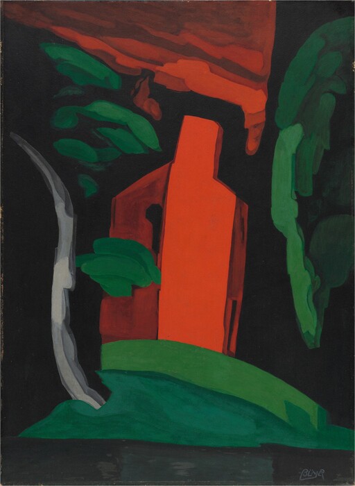 A red house and green trees are painted in simplified forms and shapes against a black background in this abstracted, vertical painting. Painted in blocks of tomato or garnet red, the house is tall and has a chimney at the center. A gray, S-shaped line suggests a tree trunk to the left, and strokes and bands of green create tree canopies and grass. A red shape in the sky over the house loosely resembles a flag rippling to our left. The artist signed the lower right corner, “BLMER” with the letters conjoined.