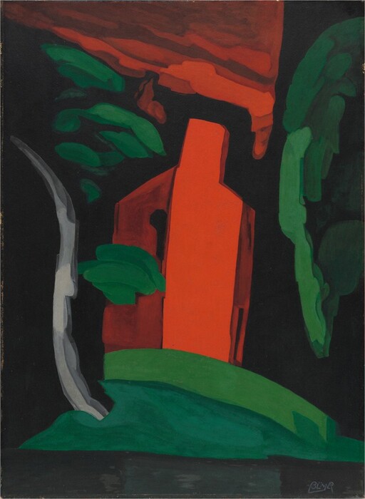 A red house and green trees are painted in simplified forms and shapes against a black background in this abstracted, vertical painting. Painted in blocks of tomato or garnet red, the house is tall and has a chimney at the center. A gray, S-shaped line suggests a tree trunk to the left, and strokes and bands of green create tree canopies and grass. A red shape in the sky over the house loosely resembles a flag rippling to our left. The artist signed the lower right corner, “BLMER” with the letters conjoined.