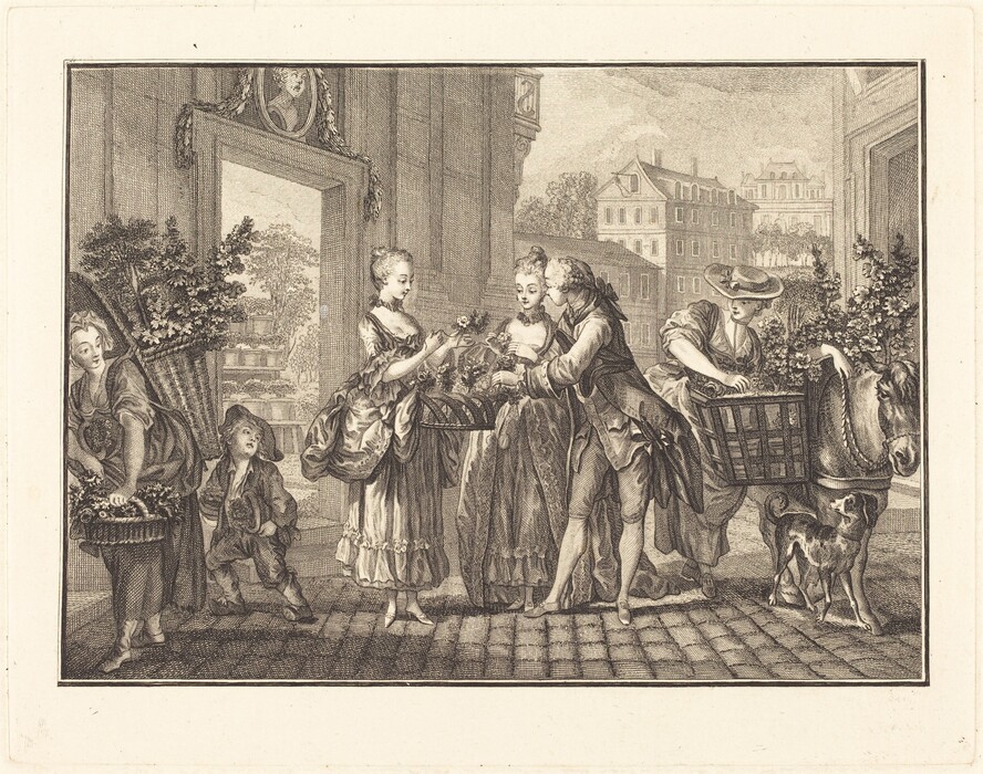 In the image, there are four adults and one child. The adults are shown mostly in full length, with two women on the left and right holding baskets of flowers, and a man in the middle with a smaller basket. The child is to the left, slightly behind one woman. The woman on the left has her hair tied back and is bending slightly, carrying a basket on her back. The woman on the right is standing, wearing a hat, and near a donkey loaded with baskets. The man in the center is leaning slightly towards the woman next to him. The woman next to him has styled hair and wears a long, flowing dress with ruffles. The group's attire is period-appropriate, with intricate detailing and layers. A small dog is near the donkey on the right. In the background are architectural elements such as a grand building with multiple stories and a landscape scene visible through an open doorway.