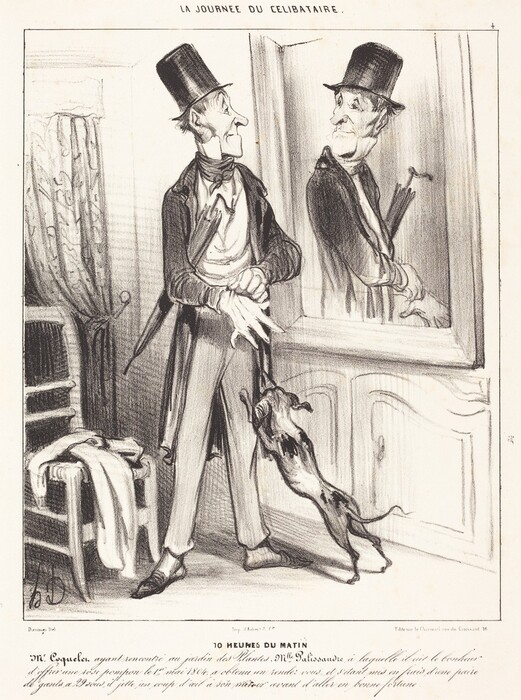 The image depicts an elderly man holding a pair of gloves, standing in front of a mirror. He has a monocle and sparse hair combed back under a top hat. His outfit includes a dark coat, light waistcoat, and fitted trousers. A small dog stands beside him. Behind him is a chair draped with a coat or cape, and a curtain hangs in the background. The mirror reflects his image and shows an umbrella leaning against a wall cabinet. The setting suggests a domestic room with wood-paneled walls and ornate details.