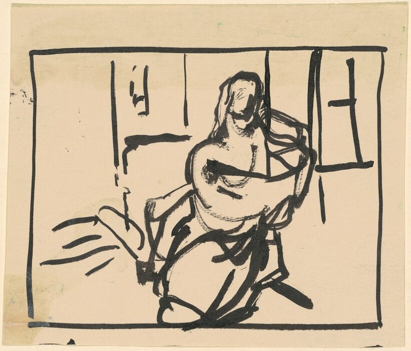 The image displays a series of bold, sweeping lines and shapes contained within a rectangular border, forming an abstract composition. The central figure resembles a seated person with long, wavy outlines. Surrounding this figure are additional lines that loosely resemble a chair and a window. The image utilizes fluid and minimalistic strokes, inviting viewer interpretation.