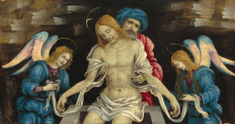A man and two winged angels support the limp body of a muscular, nearly nude man, Jesus, who is perched on the end of a tomb in this wide, horizontal painting. The people all have nearly white-colored skin faintly tinged with green. Jesus’s knees and body are angled very slightly to our left, and his head hangs down in that direction with his eyes and lips closed. He has a beard and long blond hair and a delicate gold halo. White cloth wraps around his shoulders and upper arms and another across his hips, and blood trickles from a gash over his right ribs. The man supporting him is bearded and wears a sapphire-blue turban and a raspberry-red robe. He looks at us from over Jesus’s left shoulder, to our right, and he supports Jesus’s torso with both hands. Both angels have blue robes over amethyst-purple garments visible only at the necklines and cuffs, long blond hair, gold halos, and wings shaded with pastel blue, yellow, and pink. They each support one of Jesus’s arms near the elbows. The angel to our left looks up at Jesus and holds one end of the white cloth that wraps around Jesus’s shoulders. The other angel looks down and holds a ring of thorns. The fabric separates Jesus’s body from the man and angel’s touch for all four hands. Jesus’s legs are shown from the mid-thigh up against the dark opening of the rectangular tomb. The area behind the group is dark within a rocky outcropping painted with shades of caramel and ash brown.