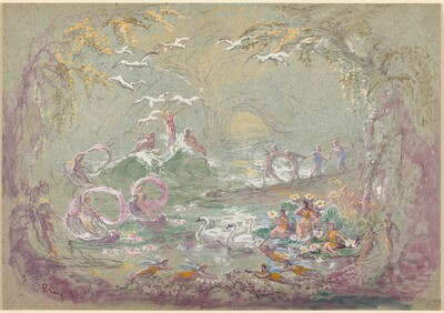 Lake Scene with Fairies and Swans