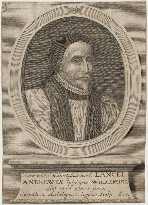 The image shows a detailed engraving of a man with a high forehead, thin eyebrows, a mustache, and a neatly trimmed beard. He wears a cap and a clerical robe with a ruffed collar, and a large outer garment. Below the portrait is an inscription. The background is an oval frame with detailed line work.