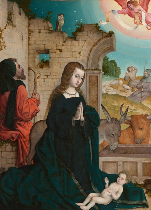 In the stone ruins of a building, a woman, Mary, kneels with her hands in prayer over a thin-limbed baby lying in front of her in this vertical painting. There is a man behind Mary, to our left, two more in a field to our right, and a winged angel in the upper right corner. They all have pale skin. Mary’s unbound blond hair falls over her shoulders. She wears a celestial-blue dress, and her teal-blue cloak is edged with gold. Her body is angled to our right, and she looks down her straight nose at the baby near her knees. The nude baby has blond curls and a chubby tummy and cheeks. An ox and an ass look down at the baby from behind a stone trough to our right. The man behind Mary wears a forest-green cap and scarf over a tomato-red robe. One hand rests on a staff, and he looks up at the angel in the top right corner. An owl looks down at the man from atop the stone ruins, near the top left corner. Two men recline and about a dozen white sheep lie on low hills in the near distance to our right. One of those men sleeps and the other holds up both hands as he looks into the sky. The angel in the top right corner emerges from a petal-pink and pale yellow halo against a star-strewn blue sky. The angel wears rose pink and has dark pink wings. A scroll held across both arms reads, “GLO” and “INECELSIS DEO.”