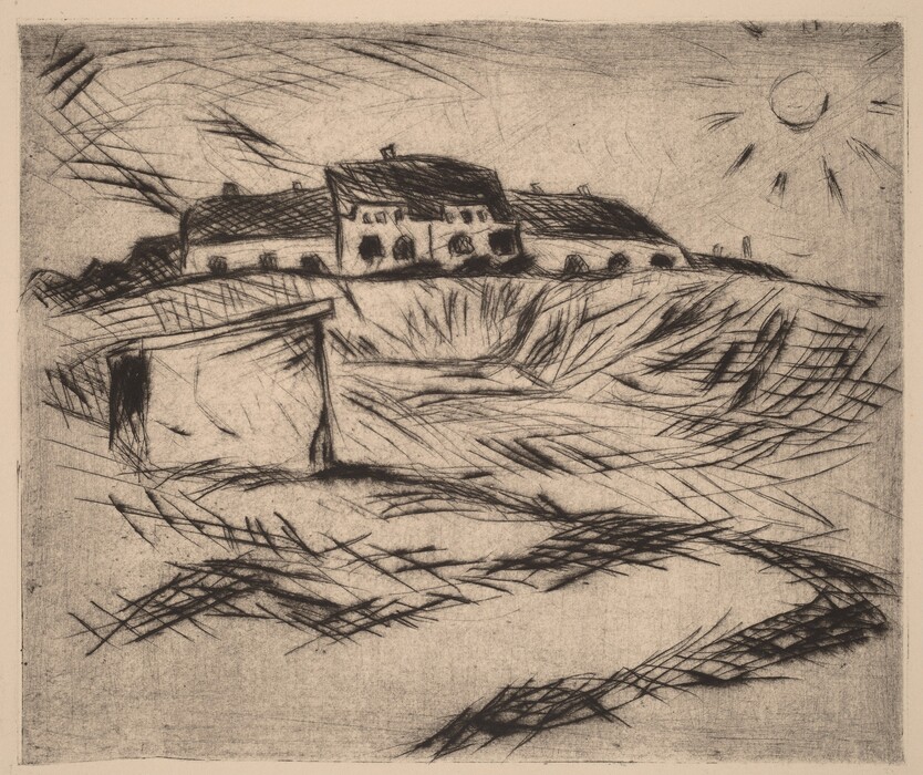The image shows a scene with a house or series of buildings along the horizon line, under a sun in the sky. The structures are depicted with bold black lines and simple details like arched windows and doors. In the foreground, there are swirling lines indicating a textured landscape leading to the buildings, with a dark structure to the left. The artwork is in black and gray tones, resembling an etching or drypoint technique with varying stroke intensity and direction.
