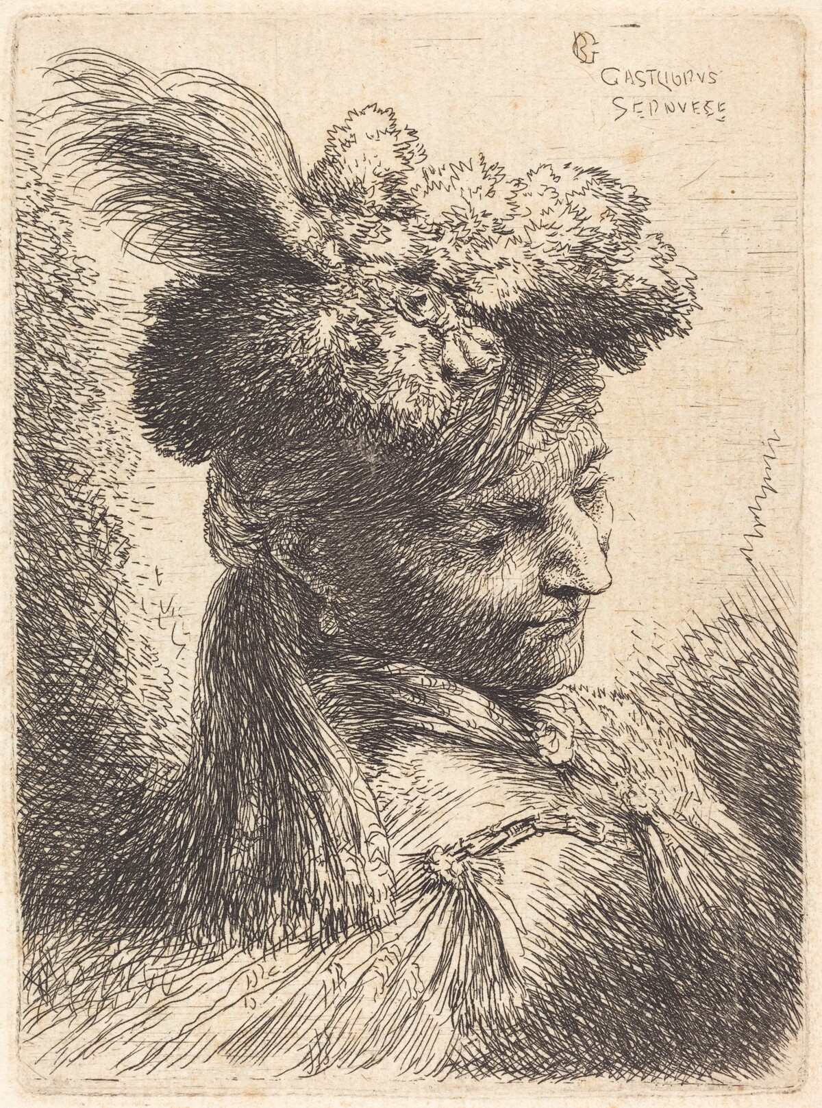 Young Man Wearing a Fur Headdress with a Headband, Facing Right