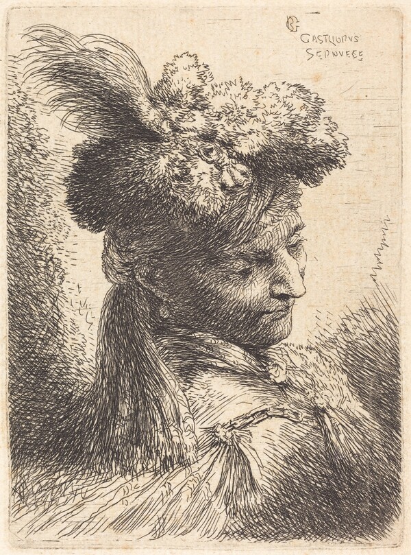 Young Man Wearing a Fur Headdress with a Headband, Facing Right