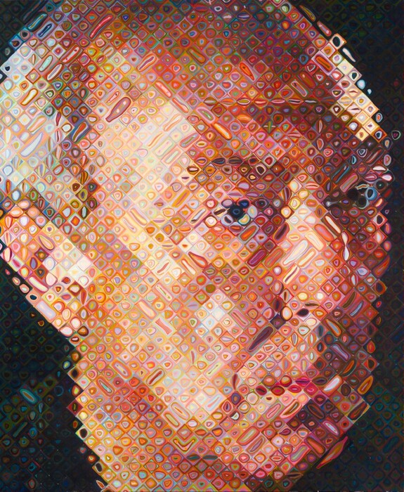 Dots and ovals bubbling across a fine grid form the head of a light-skinned man with his face angled to our right in this vertical portrait painting. The grid runs diagonally to create mostly diamond-shaped squares and some rectangles, each of which is filled with concentric circles or ovals around a dot. The man’s face fills the composition and extends off each edge except the right, where a narrow dark margin separates the man’s cheek from the edge of the canvas. Because of the way the eyes are fractured into cell-like units, it is hard to tell if he looks at us or just off to our right. He has a high forehead, receding gray hair, sloping nose, long upper lip, downturned mouth, sagging jowls, and rounded chin. The overall effect is of a slightly unfocused, surreally pixelated image.