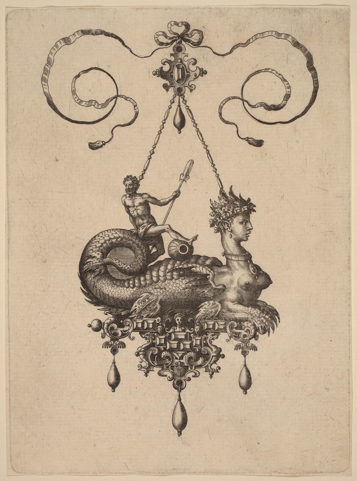 Design for a Pendant with a Sphinx with the Body of a Fish Carrying a Man with an Oar