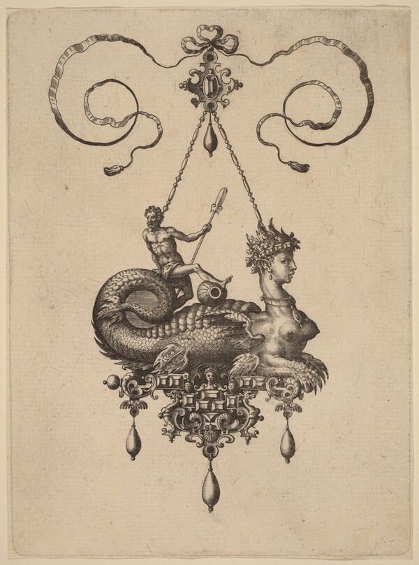 Design for a Pendant with a Sphinx with the Body of a Fish Carrying a Man with an Oar