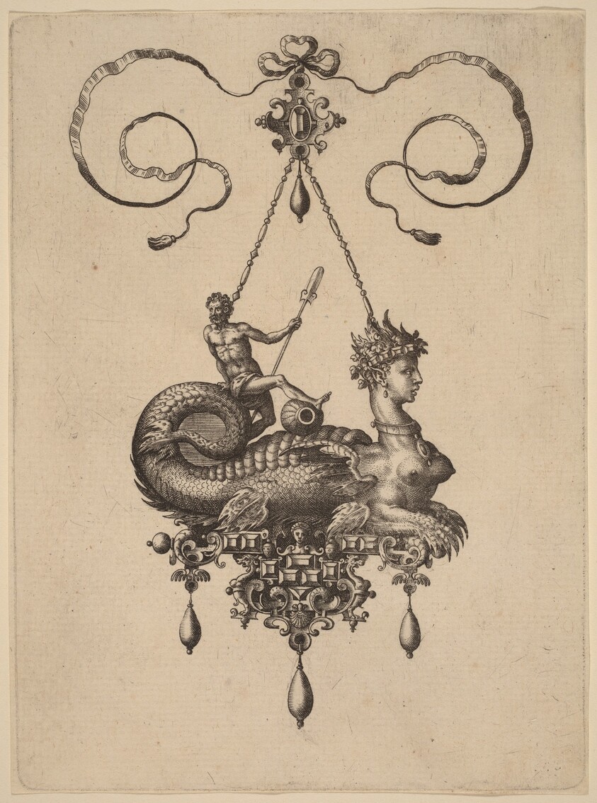 Design for a Pendant with a Sphinx with the Body of a Fish Carrying a Man with an Oar