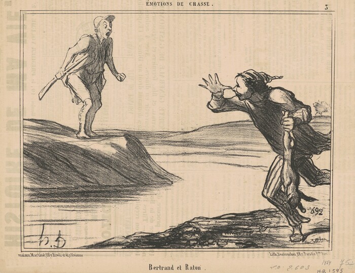 This is a drawing of two figures interacting across a riverbank. One figure stands with a surprised expression, holding a club-like object and looking towards the other side. The second figure on the opposite bank appears to be making a loud noise, with one hand near their mouth and holding a lifeless animal. The background is minimal, suggesting an outdoor environment near water, with undulating lines representing a river. The scene conveys urgency or conflict through the postures and expressions of the figures. The title at the top is "Émotions de Chasse," which translates to "Emotions of the Hunt," with the caption "Bertrand et Raton."