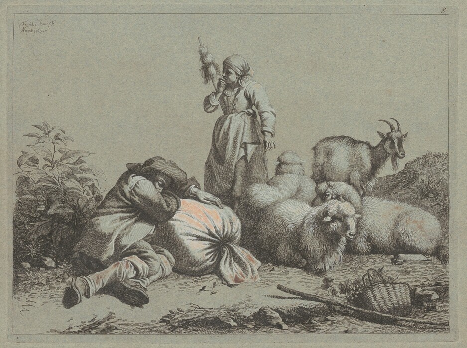 The image shows two individuals in a pastoral setting. One person is seated on the ground with their head resting on a sack. They wear a wide-brimmed hat, a loose-fitting coat, and trousers. The other person stands beside them holding a spindle in their right hand. Their face is covered with a headscarf, and they wear a long-sleeved garment with a wide apron. Nearby are three sheep and a goat, along with a small basket and a stick on the ground. The background features grassy terrain with foliage and a small hill.