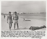 Peter Orlovsky & Jack Kerouac squinting in late-afternoon sun, Wm. S. Burroughs with eyeglasses watching prone in olive-green army-surplus jacket, Moroccan boys interested, Port & Custom-house in background, where Peter & I docked on Yugoslave freighter from N.Y. carrying mss. _Naked Lunch_ letters, four years accumulated.  Jack speed-typed Burroughs' _Interzone_ word-hoard, his own _On the Road_ just published, Peter readying to write his "Frist Poem."  Jack left Tangier for Paris about a week later, April 5, 1957., Allen Ginsberg, 1957, printed 1996