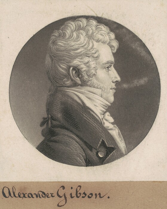 The image is a profile portrait showing the upper body of a man identified as Alexander Gibson. He is positioned in profile, facing to the right. The man has distinctively styled hair with tight curls, and his facial features are well-defined with a prominent nose and a firm chin. He is wearing a high-collared garment with a dark coat and a white cravat typical of the early 19th century, suggesting a formal or semi-formal appearance. The background is a simple, neutral tone, accentuating the subject within a circular frame. Below the portrait, "Alexander Gibson" is handwritten in a decorative script.