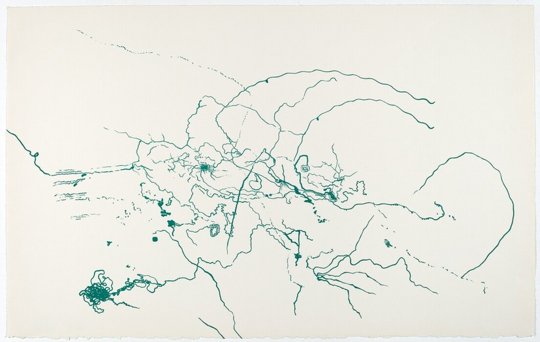 The image contains thin, meandering green lines on a white background, forming an abstract composition. The lines curve and twist, creating various shapes throughout the composition. Some sections are densely clustered, resembling intricate designs, while others expand outward. The design may suggest networks or organic patterns.