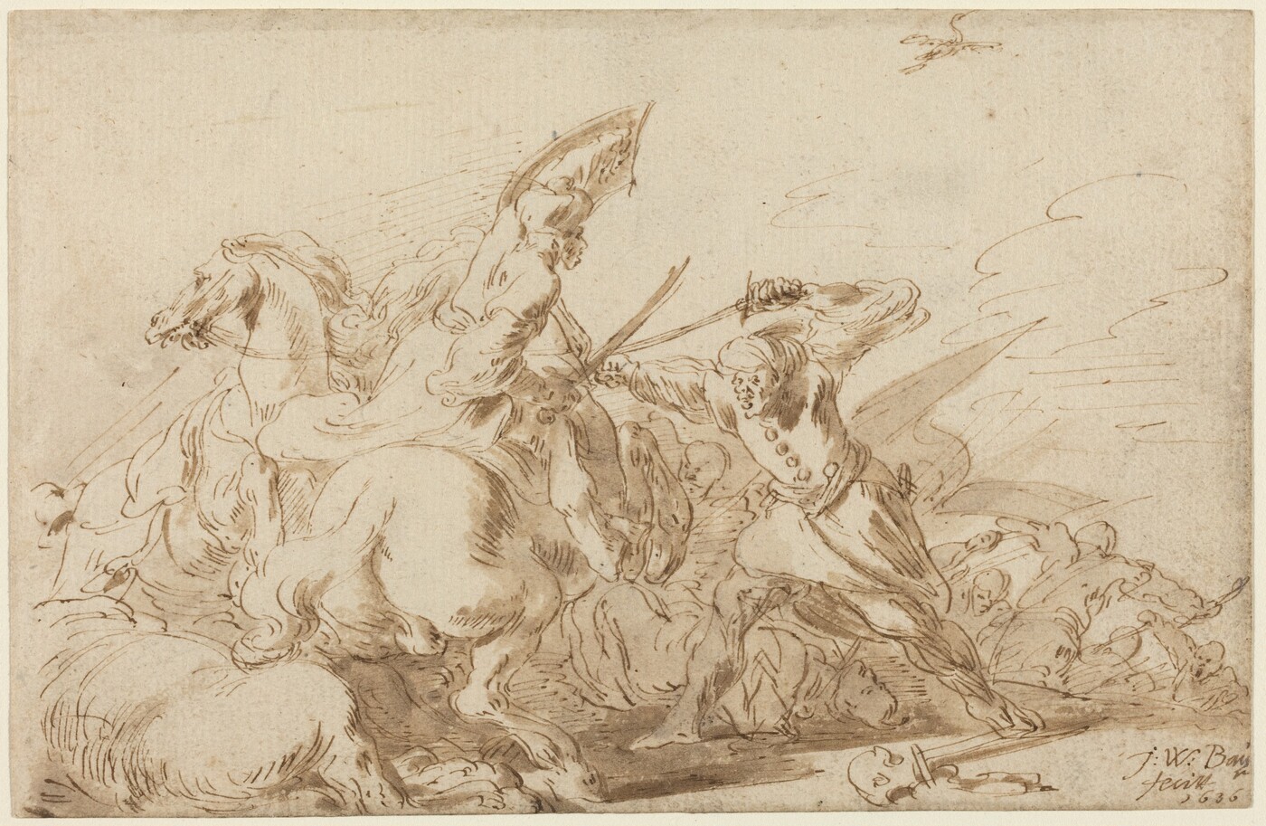 This is an illustration of a battle scene. The drawing shows a conflict between an armored figure on horseback and another figure standing and holding a sword as they appear to engage in combat. The horses are depicted in dynamic poses, adding a sense of movement to the scene. The background features energetic lines, enhancing the overall sense of motion. Detailed lines show the muscles and movement of the horses, as well as the flowing garments of the figures, emphasizing the dramatic intensity of the moment. The composition freezes a dynamic moment, conveying urgency and action.