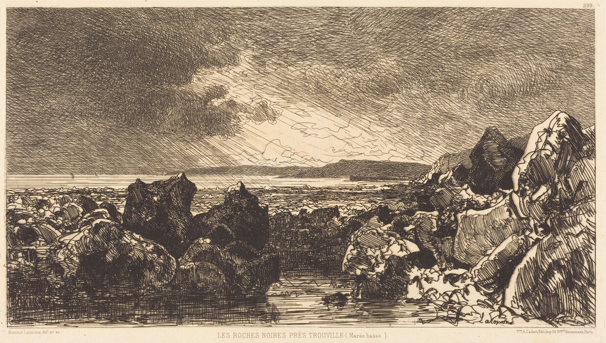 The image shows a rocky landscape with a low angle view stretching towards a distant horizon. The horizon line is low in the composition, meeting the sea and a landmass. Clouds fill the sky with dense, crisscrossing lines, contrasting with lighter areas. The brushstroke technique features detailed etching strokes conveying texture, primarily in the rocks. The monochromatic color palette uses shades of black and white to highlight the rugged texture and atmosphere. The etching technique adds texture and movement to the landscape scene.