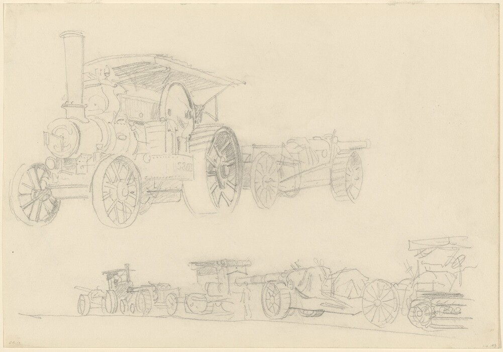 This is a drawing of early vehicles, including a steam engine and other machinery. The drawing is a detailed pencil sketch showcasing a steam engine type vehicle prominently on the upper left with large wheels, a funnel-shaped chimney, and complex mechanical parts. To the right and across the bottom of the image, there are additional sketches of similar machinery. Each vehicle has large spoked wheels and intricate mechanical components. The drawing demonstrates an interest in mechanical details and the structure of these early vehicles.