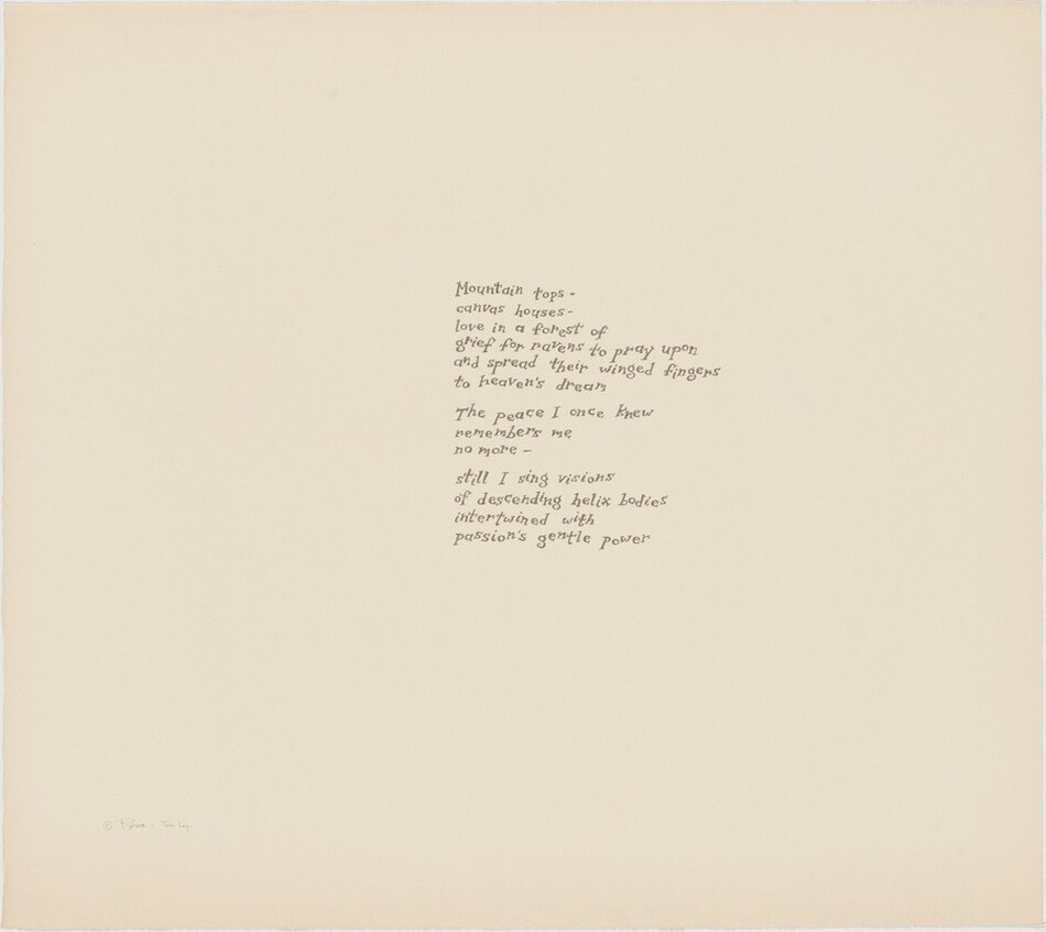 This is a drawing of a piece of text. The text is handwritten in a neat cursive style on the right side of a blank cream-colored background. The words appear as a poetic passage, centered in the image and written with a dark ink that contrasts sharply with the light background. The poem speaks of natural imagery and emotional reflection. The centered placement of the text against the spacious blank page might evoke a feeling of solitude. The left portion of the image is intentionally left empty.