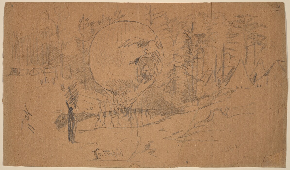 The image shows a pencil sketch on textured brown paper. The sketch depicts a scene with a large spherical object on the ground. The sketch has a low horizon line with conical tent shapes and vertical lines suggesting trees in the background. The trees and tents are drawn with loose pencil strokes. The color palette consists of natural tan paper and soft black pencil lines. The drawing style is rough and sketchy, with varying intensity of shading. A small figure near the base of the balloon appears to gesture upwards.