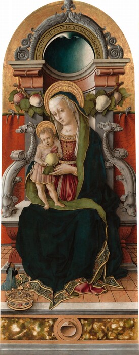 A young woman sits with a small child standing on her lap on an ornate throne as a third person, tiny in scale, kneels and looks up from the lower left corner in this tall, narrow, vertical painting, which has an arched top. The woman and child have pale skin and flat gold halos behind their heads, and the tiny person near the corner has light brown skin. The woman’s body faces us and her head tilts to her right, our left, toward the child, but she cuts her pale eyes down and slightly to our right. She has a delicate, long nose and her small lips are closed in a straight line. A white veil covering blond hair is, in turn, covered with a midnight-blue mantle that falls over her head, shoulders, and body. The underside of her cloak is emerald green where it turns back down over her chest and across her lap. The bottom hem is lined with a wide decorative band with scrolling vines and leaves in gold, and it pools around her feet on the floor. She wears a raspberry-red dress with gold vines over the chest and pearls lining the neckline. With her left hand, on our right, she supports the child on one hip. Her other hand braces the stem of the green apple the baby holds in both hands. Short, blond curls frame the baby’s face. He looks up and to our right with light eyes. He has a short, rounded nose and his lips are parted. His head is large like a baby's, but the proportions of his torso, arms, and legs more closely resemble those of an adult. He wears a pale, rose-pink tunic edged with gold, and his legs and feet are bare. The elaborate throne has an arched top that mirrors the top edge of the arched panel. An inscription in the stone up along the curve of the throne reads, “MEMENTO MEI MATER DEI REGINA CELI LETARE.” A garland of pale green and red fruit, probably apples, hangs behind the woman’s head. There are fantastical creatures where the arms of the throne would be. Carved from the same nickel-gray stone, each arm is made up of dog's face, with mouth wide open and braced against the seat of the chair. A husk-like covering curves up and back to a section of fish's scales, and each arm ends with an ornament like a bunch of grapes where it meets the back. A scarlet-red cloth hangs behind the thorne, against a gold wall, with a salmon-pink floor below. The miniature kneeling man near the lower right corner is only ankle high. His dark hair is cut into a ring around his head. He has a darker complexion and wrinkles around his mouth. He wears long, topaz-blue garment over a black robe. He holds his hands in prayer and looks up at the woman and baby, lips parted. Scaled to the woman, a jeweled crown sits on the floor nearby, projecting behond the front face of a panel of stone with a shell painted at its center.
