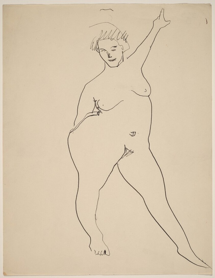 Frontal Nude Standing with Left Arm Raised High