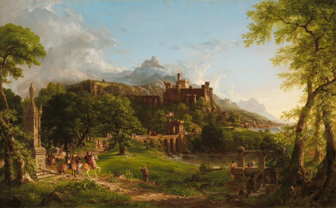 In a verdant green landscape, a stone castle sits on a tree-lined hill in the distance in front of a high, craggy mountain peak while eighteen armored knights ride toward us along a bridge and path in this horizontal painting. The people whose faces we can see have pale skin. The knights are small in scale within the vast landscape, and they all hold long spears. Their procession is led by a knight on a white horse, which wears a gold bridle and lattice-like blanket. That knight has a ruby-red cloak over his armor, and his helmet has a red feathered plume. The other knights wear cloaks in tan, pale pink, or red, and some of their horses are covered with light brown blankets. Near the lower left corner, the path they ride on passes behind a tall, narrow plinth. The faces of the plinth are carved with pointed arches under ornate molding. A person atop the pointed, roof-like top of the structure stands facing away from us, wearing a robe. A gold halo is affixed to her head over long hair, and we see the small head of a baby over one crooked elbow. Near the base of the plinth, the horse at the head of the procession shies away from a man who stands to the side of the road a little farther along, near the bottom center of the painting. That man has a long white beard, and the brim of his hat is pushed back over his forehead, possibly pinned to the crown of the hat. He wears a loose brown robe and sandals, and a satchel is tied around his waist. He holds up one hand, palm out, toward the knights as he looks in their direction, facing our left in profile. In the other hand, he supports a tall staff with a knob at the center and a palm frond tied to the top. In that hand, he also holds a cross hanging from a string of red beads. As the path continues to our right, it passes an arched, free-standing structure, which has a fountain on the side facing us. A man holding a curved staff and a woman, both wearing togas, stand near the structure, looking at each other. On our side of the structure, a goat walks toward the fountain. A river extends behind the structure, back across the composition, and under the bridge leading from the castle. Tall or craggy trees grow along the side of the path as it winds into the distance to our left, and over the hill that rises to the crenelated castle complex. Touches of white and tan suggest people lining the walls of the castle and the tower over the drawbridge. A flat-topped, grassy butte rises beyond the castle, and a waterfall cascades over the edge near the drawbridge. Steep, hazy mountains rise sharply in the deep distance. Dashes of black paint indicate birds flying over the treetops near the castle, and minuscule white dots on the plateau could be grazing sheep. A town lines a body of water at the foot of the castle in the distance. White sailboats float in the water or are pulled up close to the shoreline. Opalescent white clouds curl up over the mountain top and ring the upper peaks in an otherwise clear, ice-blue sky.