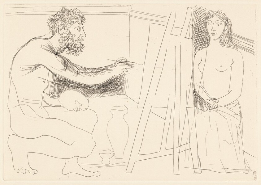 Peintre devant son chevalet avec un modèle aux longs cheveux (Painter at His Easel with a Model with Long Hair)