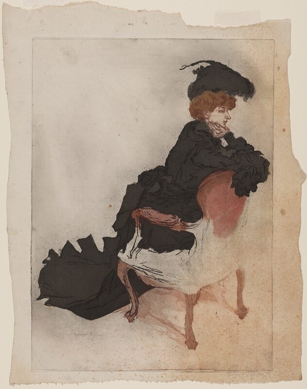 The image shows a woman from the torso upward as she sits on an ornate chair. Her body faces slightly away from the viewer, arms resting on the chair's back. She has curly reddish-brown hair, partially covered by a large, dark, feathered hat. She has delicate facial features, a pointed nose, and a contemplative expression. The woman wears a voluminous dark gown with long sleeves, a high collar, and fringed gloves. The chair has a cushioned back and a curved wooden frame. The background is neutral with a subtle, textured backdrop.