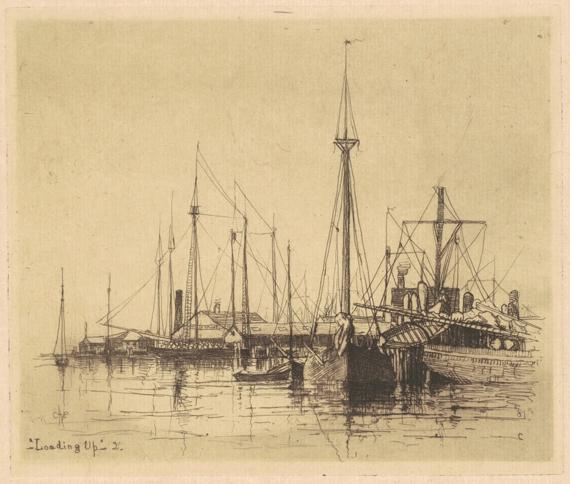 The image depicts a harbor scene in an etching style. The view shows a dock with multiple ships, detailed with precise lines. The horizon is low, dividing the water from the sky and dock. The ships have tall masts and detailed rigging. The technique uses overlapping lines for depth and texture. The color scheme is sepia, giving an old-fashioned feel. The water reflects the ships and masts. More structures and vessels can be seen in the distance on the horizon.