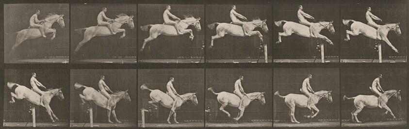 Plate Number 643. "Pandora" jumping a hurdle, bareback, clearing and landing; rider nude