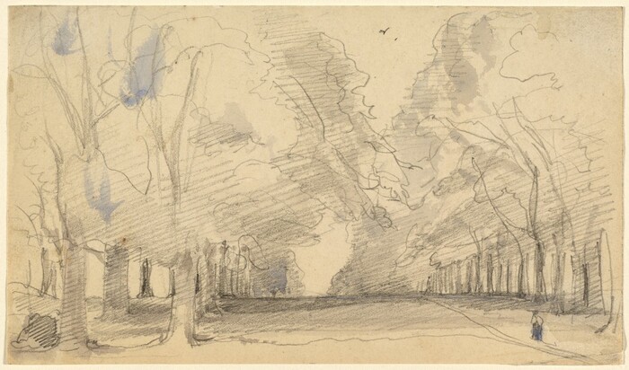 The image shows a sketch of an outdoor scene with a tree-lined path leading into the distance. The horizon is obscured by the dense trees on either side, forming a natural arch overhead. The sketch is done in loose pencil strokes with blue washes highlighting the treetops and small figures near the trees. The color palette is primarily gray and tan with hints of blue, creating a tranquil atmosphere. In the distance, a small figure is seen on the path.