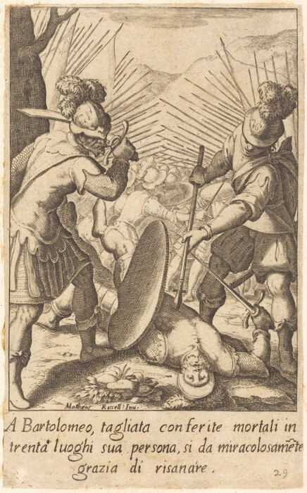 This is a drawing of a historical battle scene. The image shows armored figures engaged in combat. In the foreground, a fallen soldier lies on the ground with a shield beside them, while two standing figures prepare for further confrontation. The scene is filled with soldiers wearing helmets and armor, many of them carrying pikes and shields. The background is crowded with more warriors, creating a turbulent atmosphere typical of a pitched battle. Sharp diagonal lines suggest movement and tension, and detailed engraving emphasizes the texture of the armor and weapons.