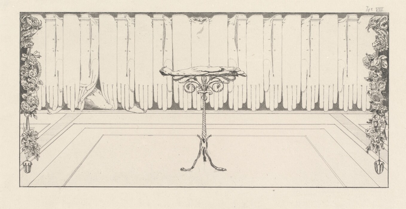 The image shows a tall, intricately designed table with a pedestal base at the center, surrounded by hanging gloves. The color palette is monochromatic, with shades of grey and off-white. The gloves create a horizontal pattern across the top, while floral designs decorate the margins. The table has ornate detailing and is placed in the foreground with geometric lines emphasizing its position.