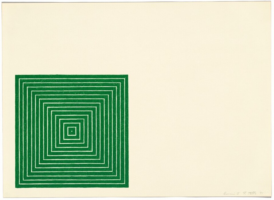 The image shows a series of nested, concentric squares creating a geometric pattern of diminishing size, all uniformly spaced and aligned. The abstract composition features vibrant green lines on a plain background. The shapes combined with the repetitive pattern evoke the precision of a layered tile design.